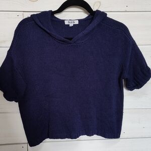 525 Navy Blue Knit Short Sleeve Hoodie Sweater